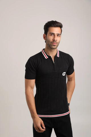 Men’s Black Knitted Half Sleeve Pocket Tshirt