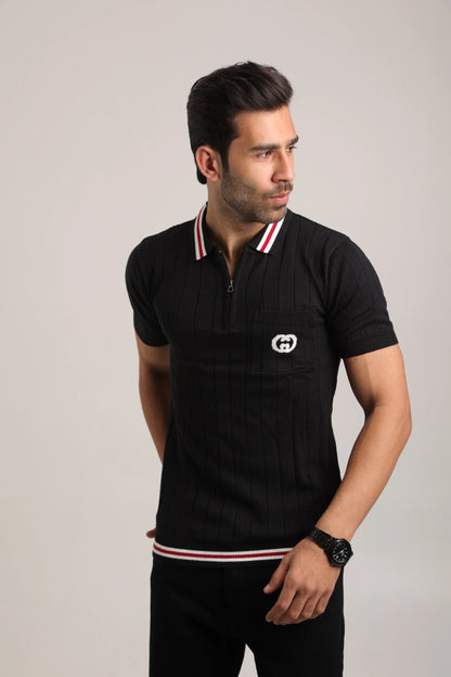 Men’s Black Knitted Half Sleeve Pocket Tshirt