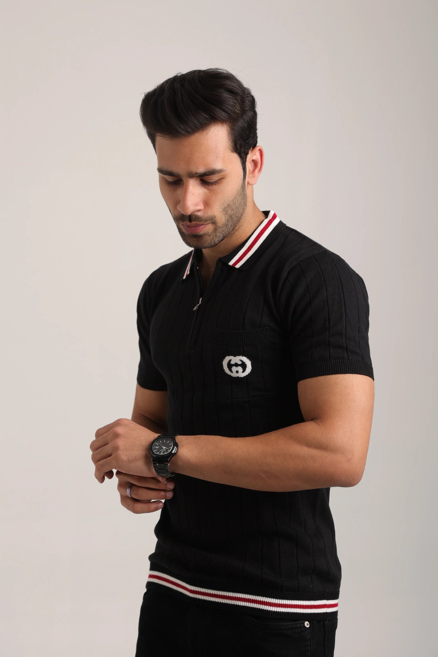 Men’s Black Knitted Half Sleeve Pocket Tshirt