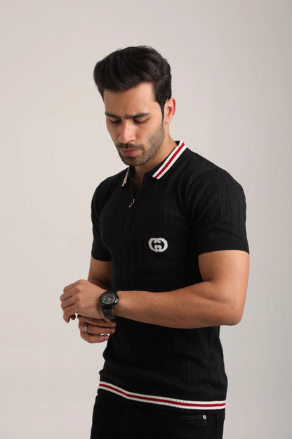 Men’s Black Knitted Half Sleeve Pocket Tshirt