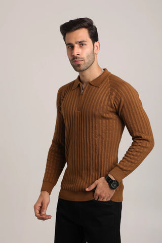 Full Sleeves Zipper Collar Knitted T-Shirt for Men