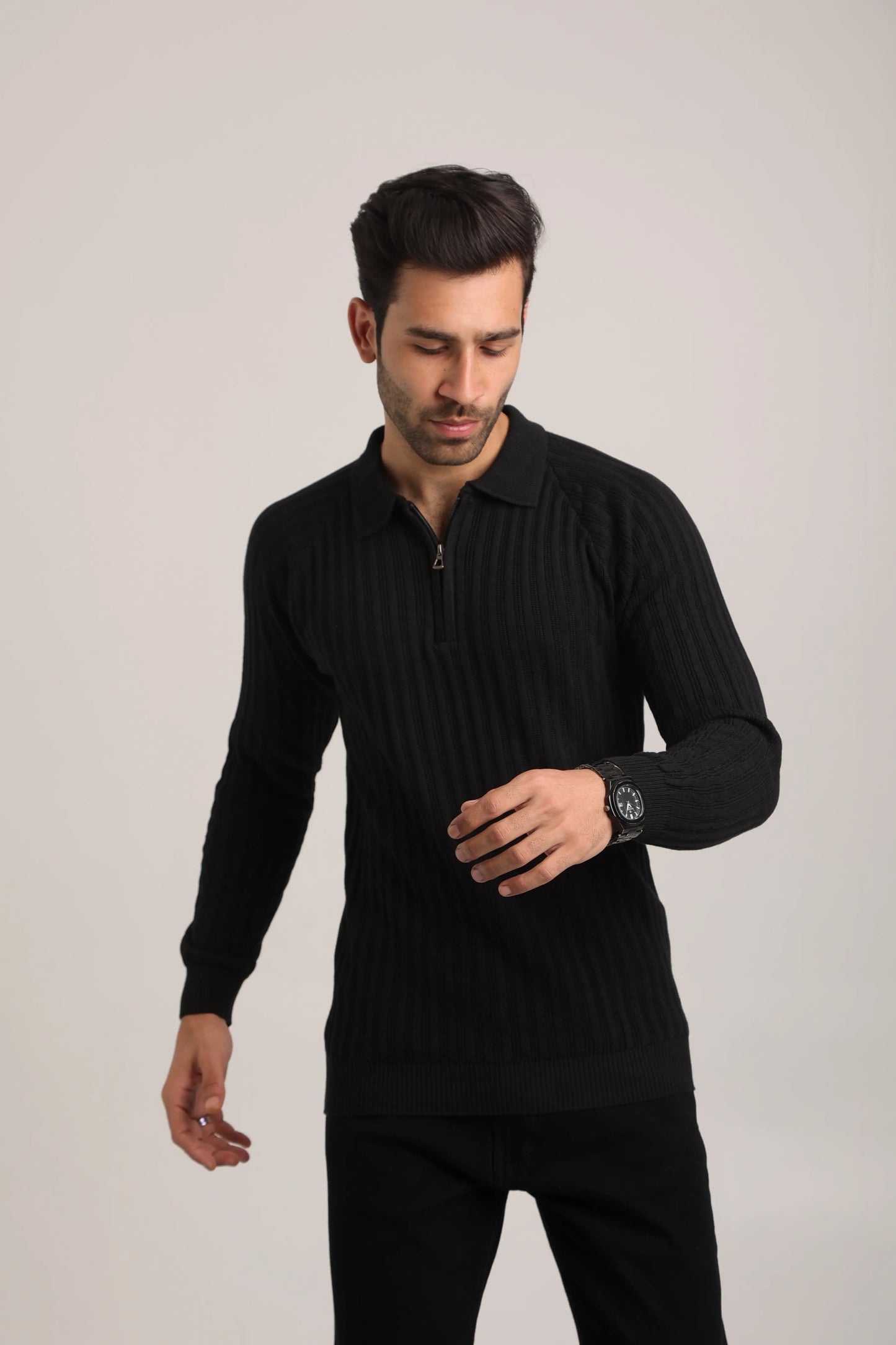 Full Sleeves Zipper Collar Knitted T-Shirt for Men -FST-003