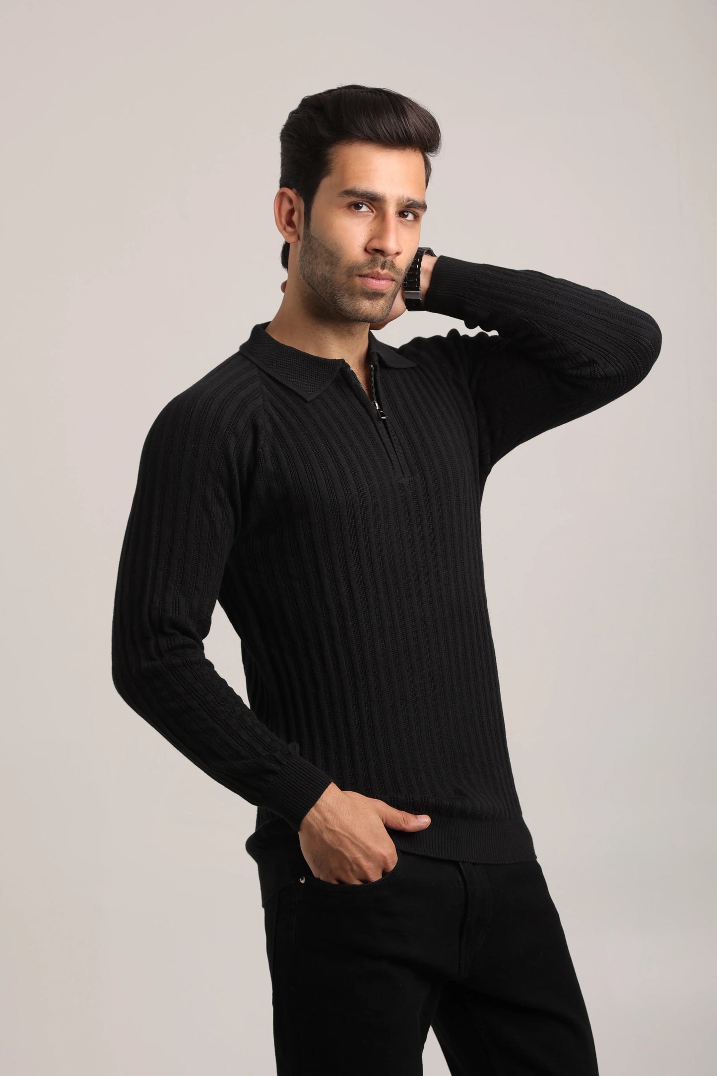 Full Sleeves Zipper Collar Knitted T-Shirt for Men -FST-003