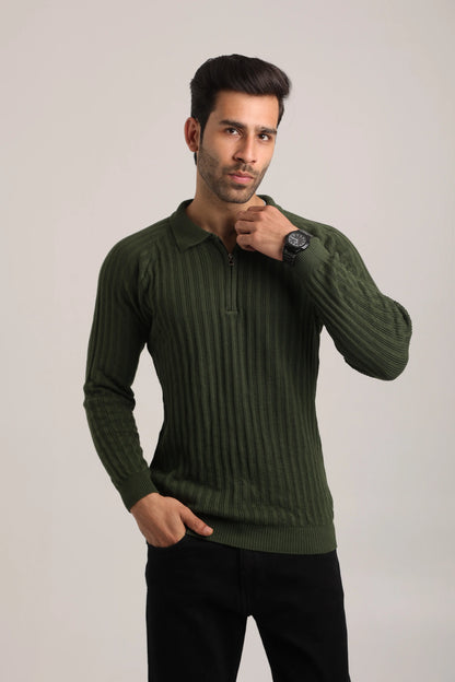 Full Sleeves Zipper Collar Knitted T-Shirt for Men