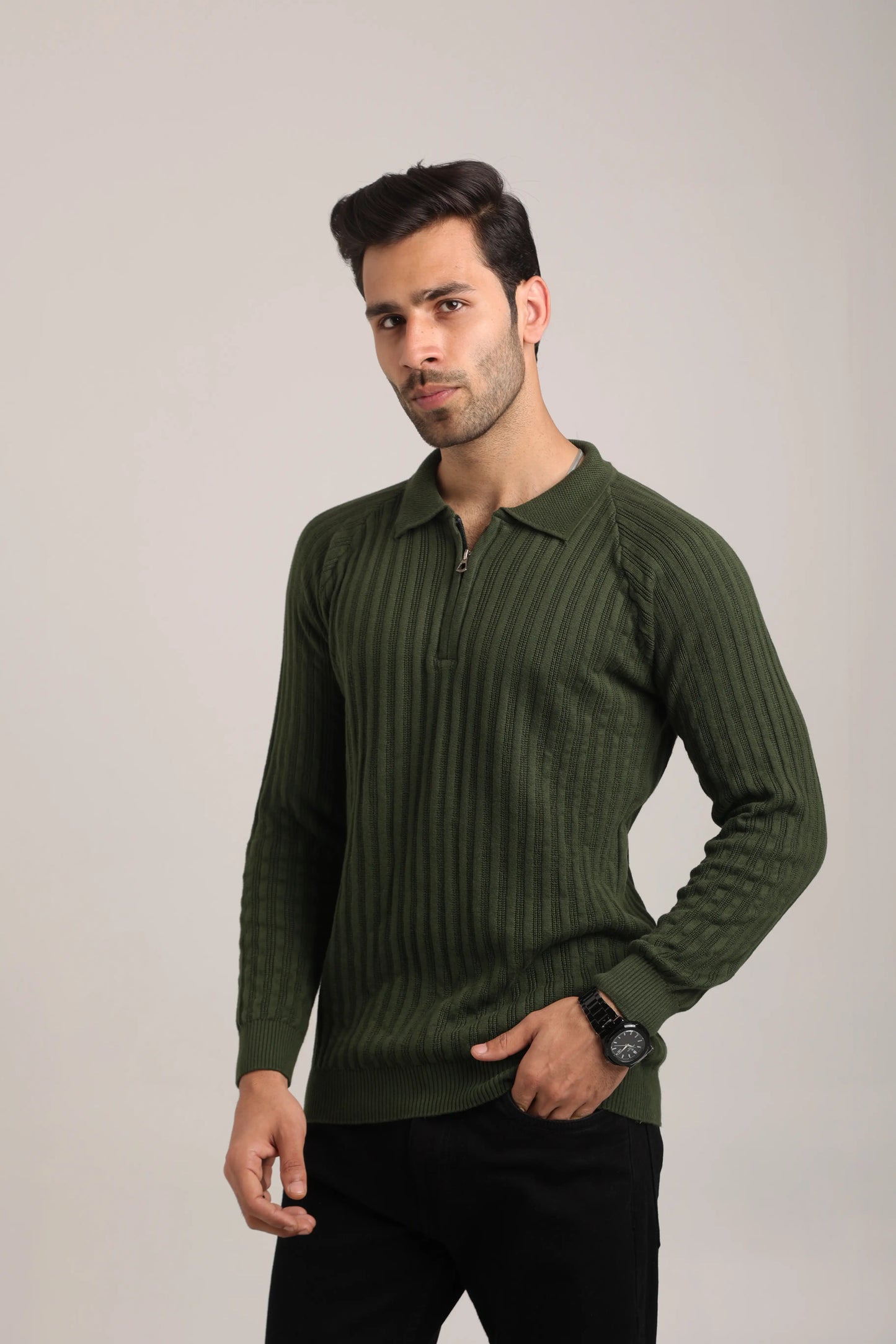 Full Sleeves Zipper Collar Knitted T-Shirt for Men