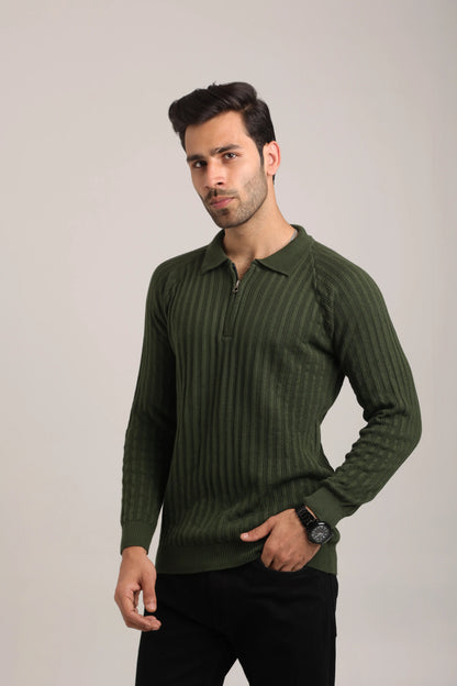 Full Sleeves Zipper Collar Knitted T-Shirt for Men