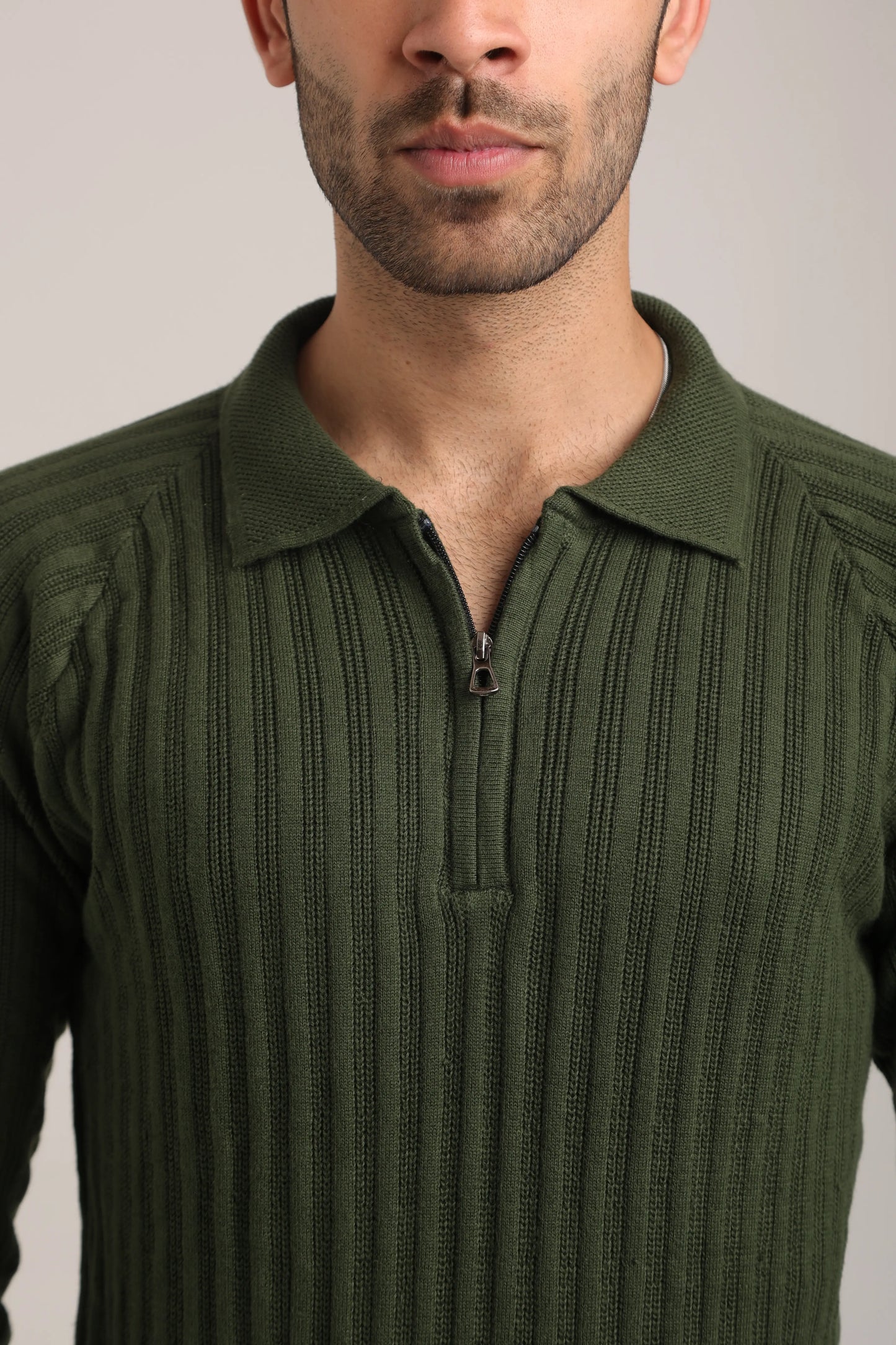 Full Sleeves Zipper Collar Knitted T-Shirt for Men