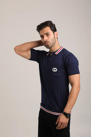 Men’s Blue Knitted Half Sleeve Pocket Tshirt