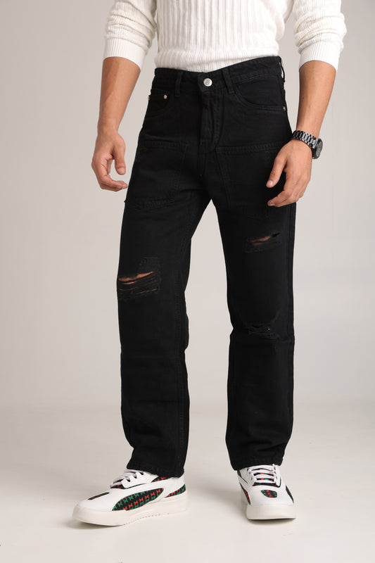 Men’s Distressed Straight Fit Jeans – Black Denim