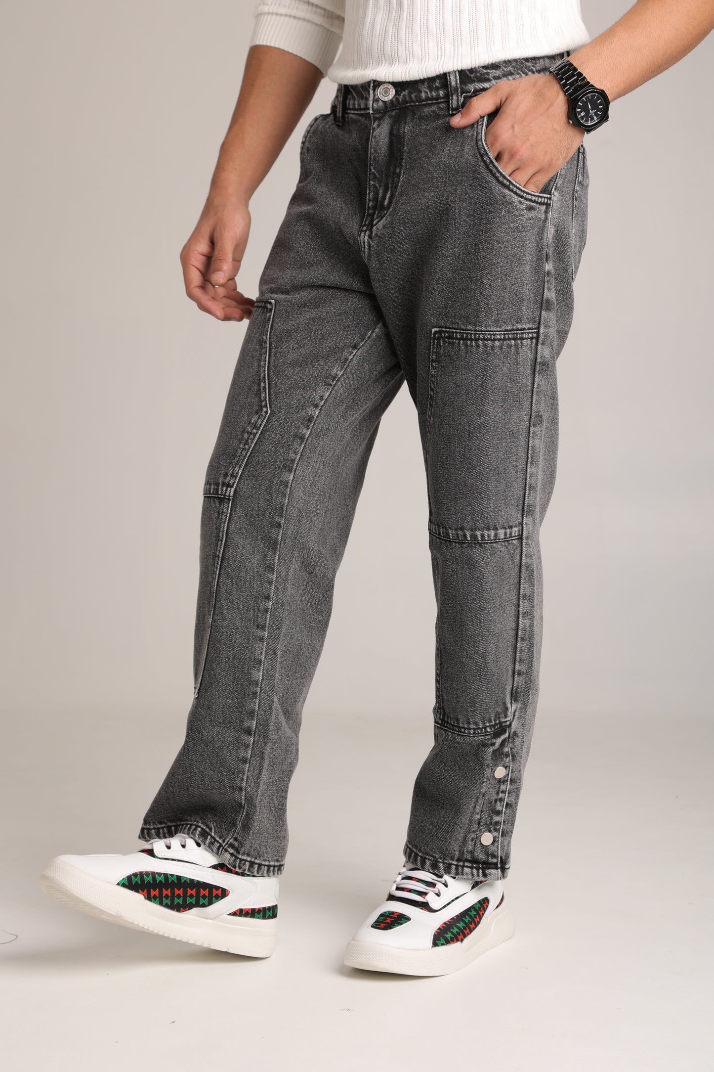 Men’s Baggy Bottom Button Jeans – Trendy Streetwear