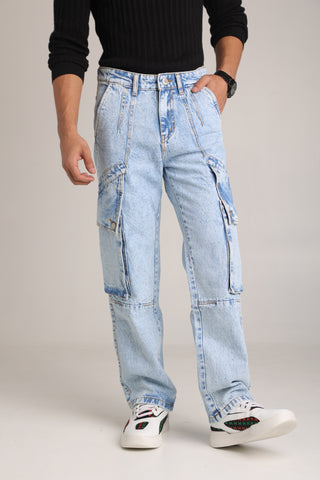 Men's Light Wash Baggy Cargo Jeans
