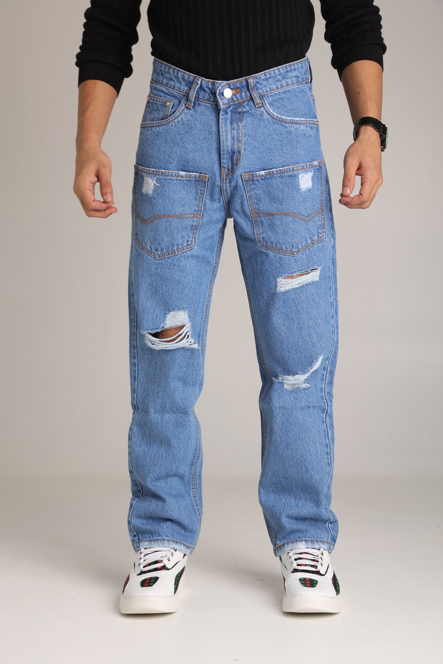 Men's Light Wash Baggy Cargo Jeans