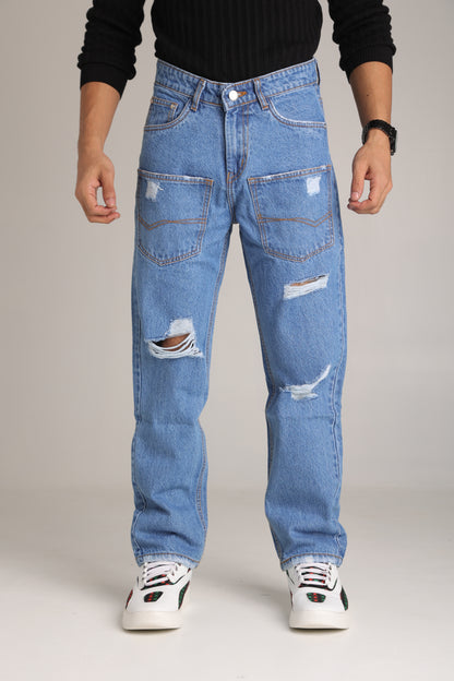 Men's Light Wash Baggy Cargo Jeans