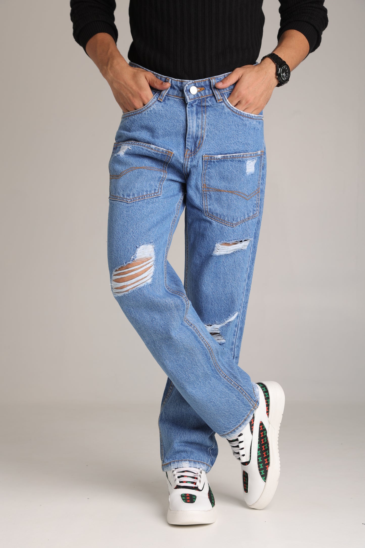 Men's Light Wash Baggy Cargo Jeans